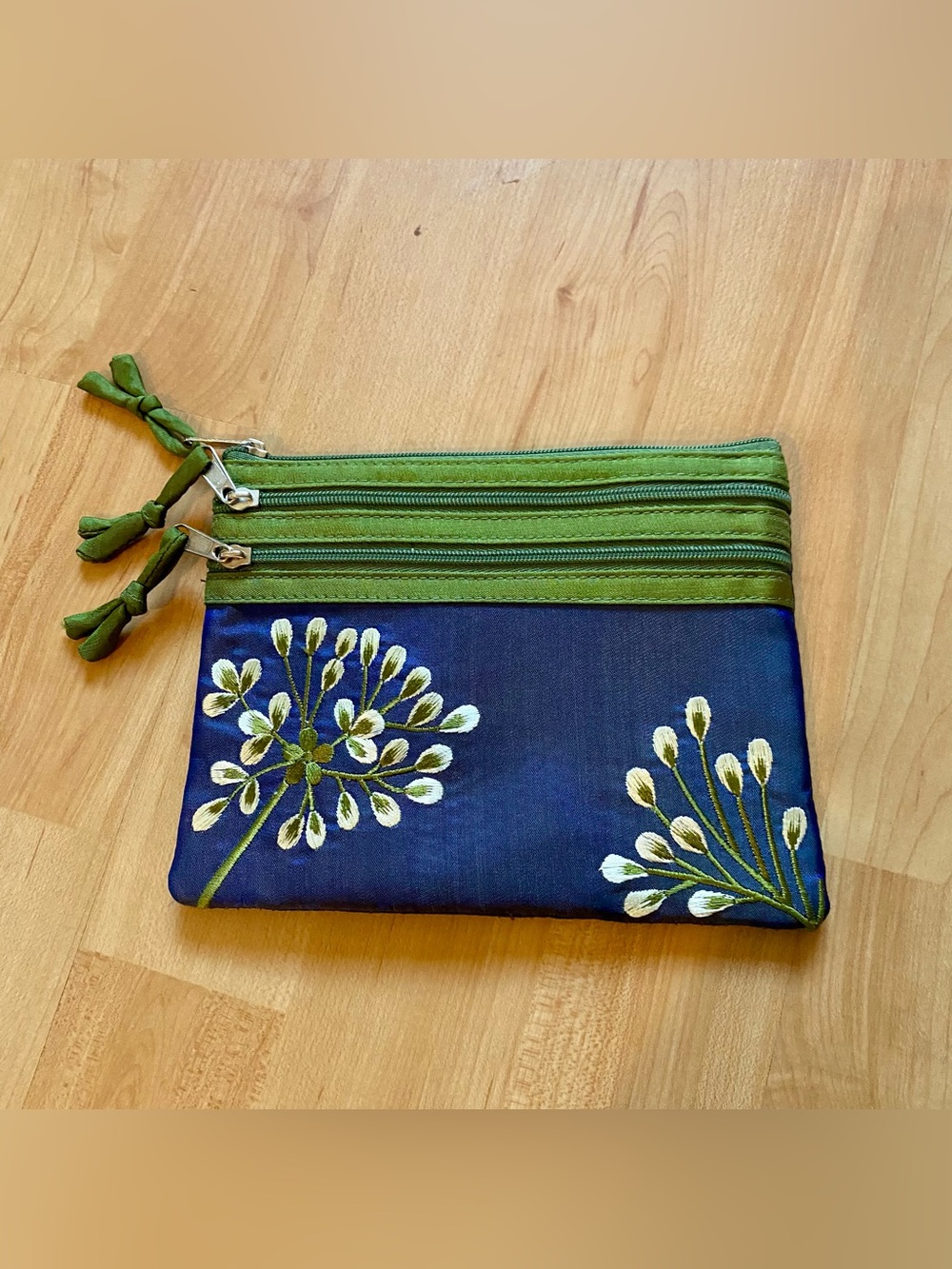 Seven Loaves Embroidered Navy & Green Floral Zip Pouch - Women Bags